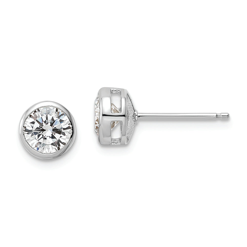Sterling Silver Polished Rhodium-plated 6mm CZ Bezel Post Earrings