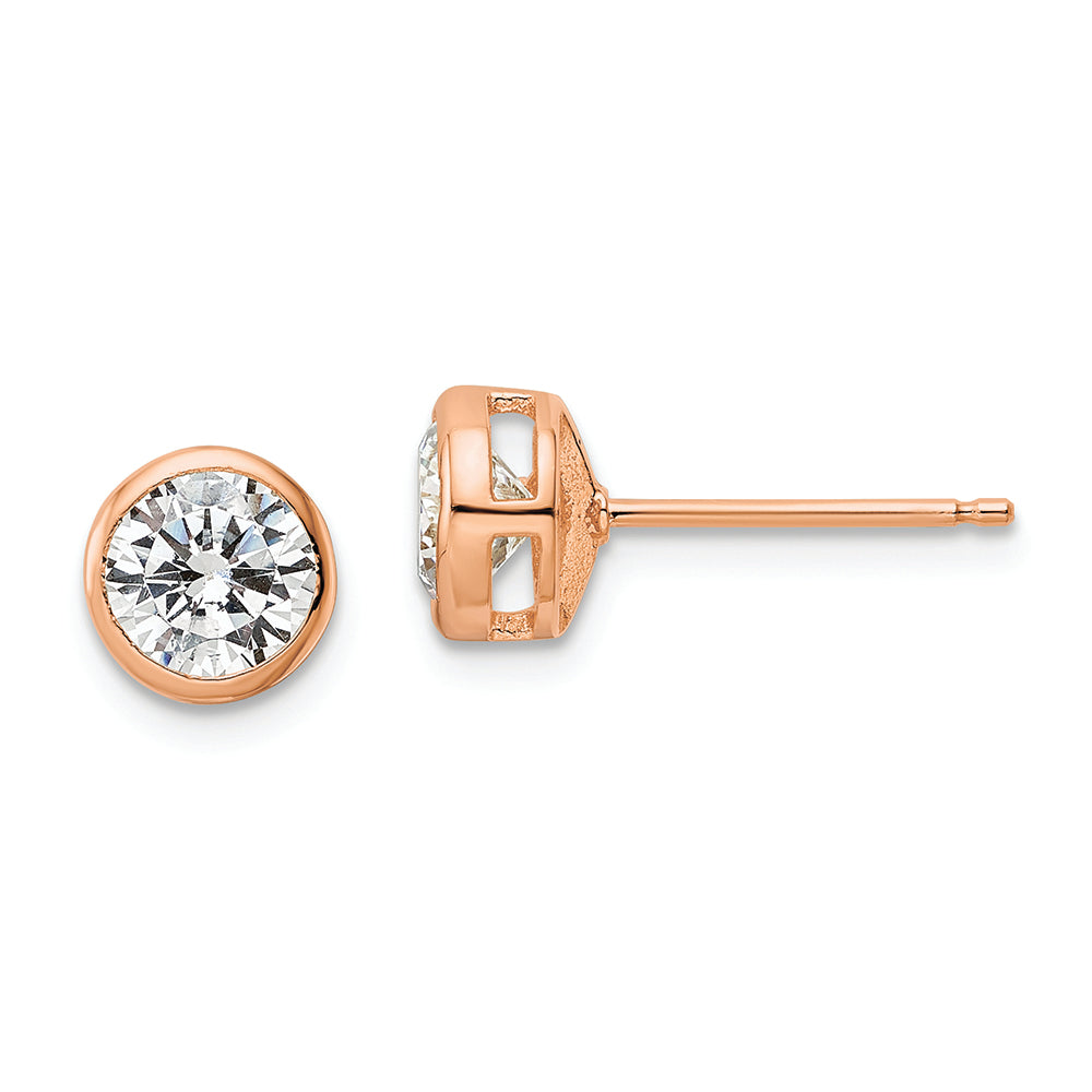 Sterling Silver Polished Rose-tone 6mm CZ Bezel Post Earrings