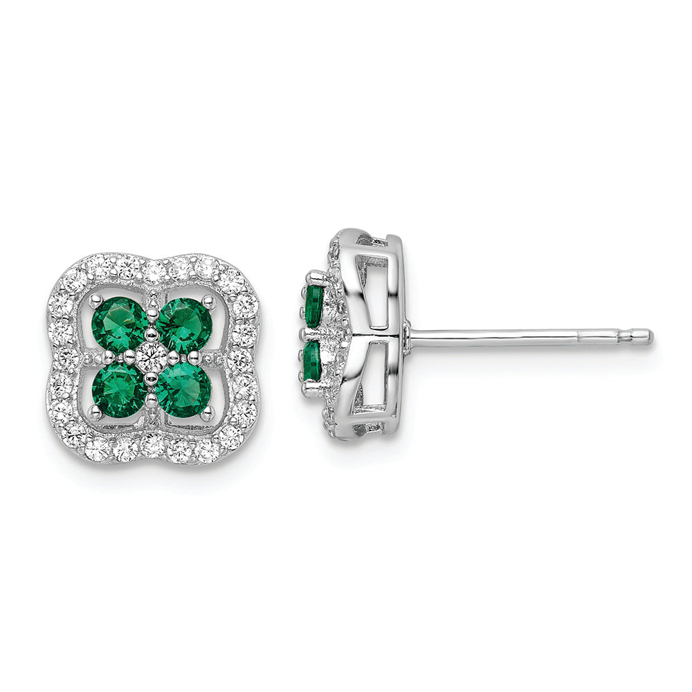 Sterling Silver Rhodium-plated Green and Clear CZ Clover Post Earrings
