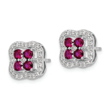 Load image into Gallery viewer, Sterling Silver Rhodium-plated Created Ruby and CZ Clover Post Earrings
