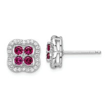 Load image into Gallery viewer, Sterling Silver Rhodium-plated Created Ruby and CZ Clover Post Earrings
