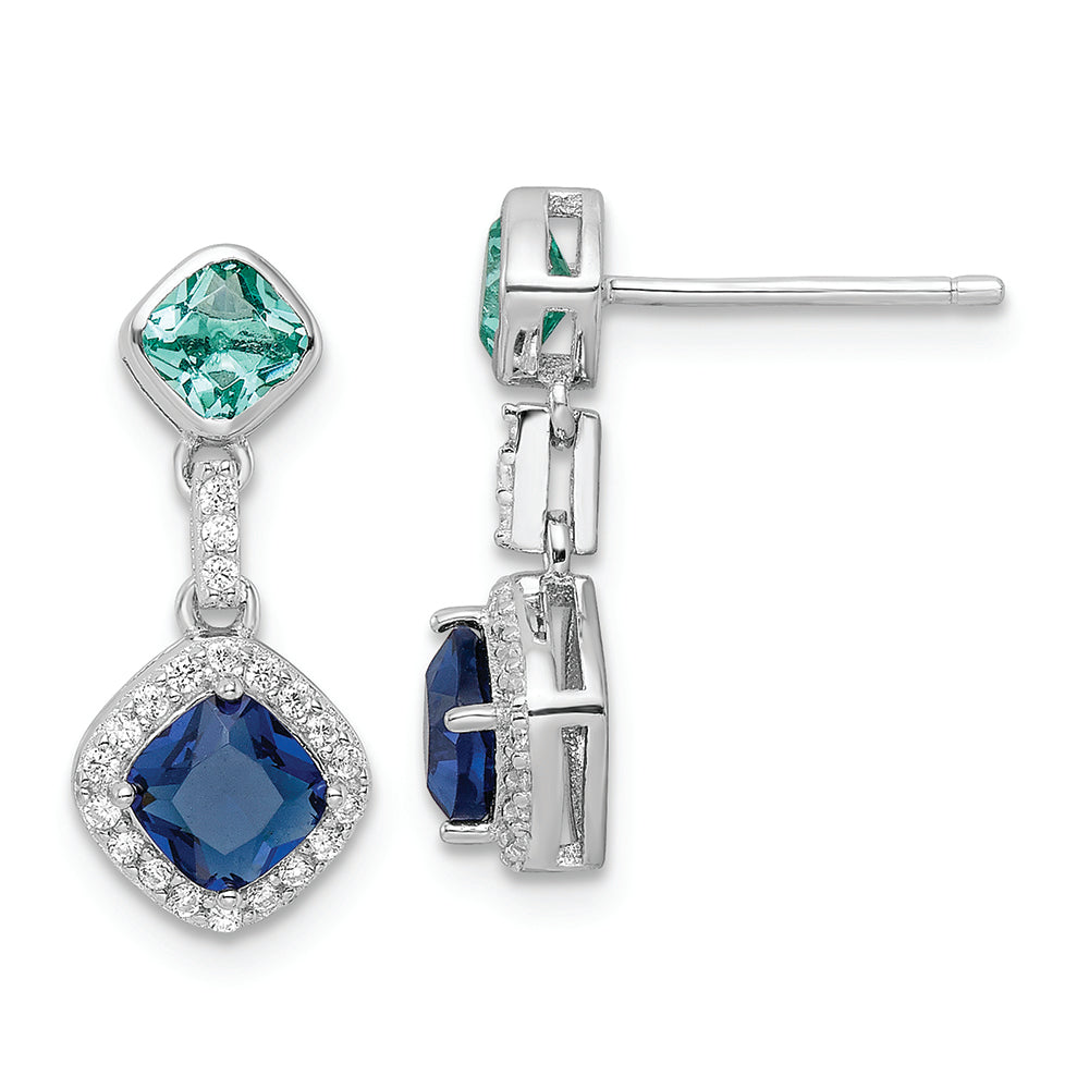 Sterling Silver Rhodium-plated CZ and Glass Stone Dangle Post Earrings