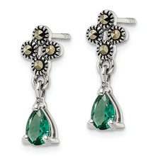 Load image into Gallery viewer, Sterling Silver Antiqued Marcasite &amp; Lab Created Green Quartz Earrings
