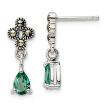 Load image into Gallery viewer, Sterling Silver Antiqued Marcasite &amp; Lab Created Green Quartz Earrings
