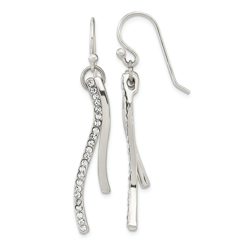 Sterling Silver Polished CZ Wavy Bar Dangle Shephard Hook Earrings