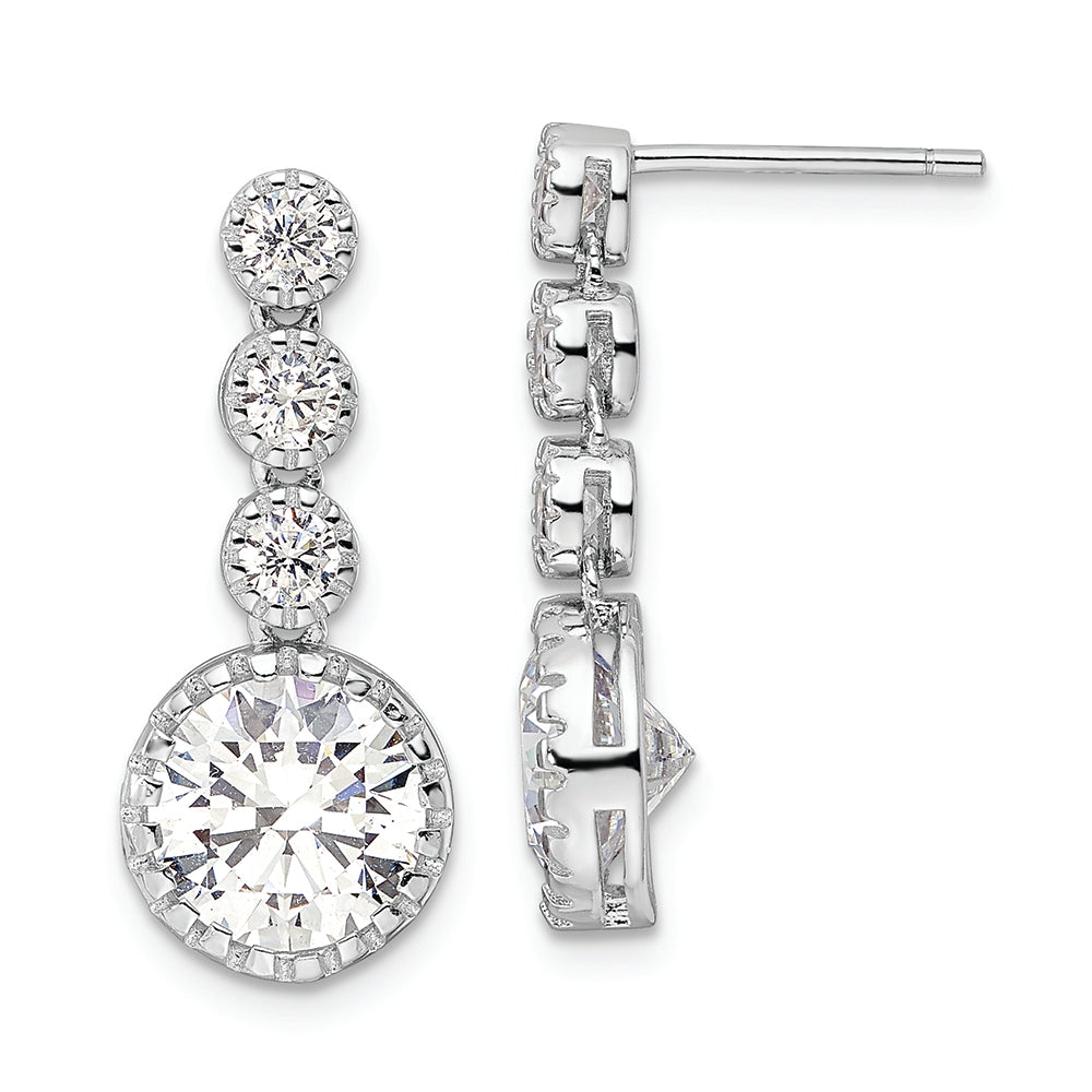 Sterling Silver Rhodium-plated Polished Round CZ Dangle Post Earrings