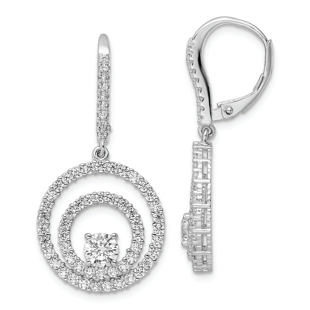 Sterling Silver Polished Rhodium-plated CZ Circle Dangles Leverback Earring