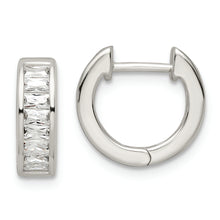 Load image into Gallery viewer, Sterling Silver Polished Baguette CZ Hinged Hoop Earrings
