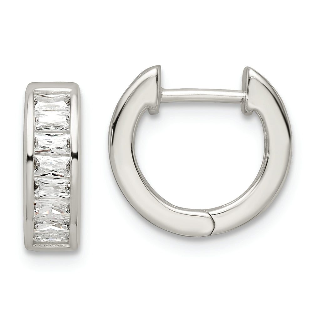 Sterling Silver Polished Baguette CZ Hinged Hoop Earrings