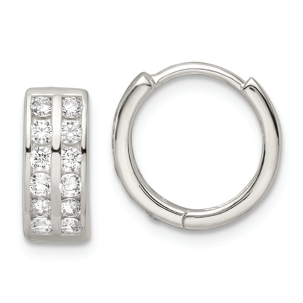 Sterling Silver Polished 2 Row CZ Hinged Hoop Earrings