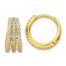 Load image into Gallery viewer, Sterling Silver Gold-tone Polished Triple Row CZ Hinged Hoop Earrings
