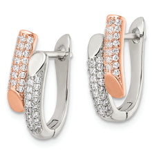 Load image into Gallery viewer, Sterling Silver Rose-tone Polished Pave CZ Hinged Hoop Earrings
