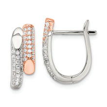 Load image into Gallery viewer, Sterling Silver Rose-tone Polished Pave CZ Hinged Hoop Earrings
