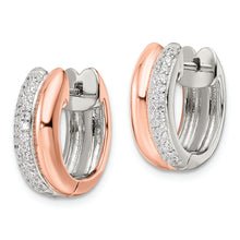 Load image into Gallery viewer, Sterling Silver Rose-tone Polished Pave CZ Hinged Hoop Earrings
