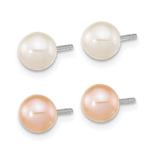 Load image into Gallery viewer, Sterling Silver Rh-pl 6-7mm Set of 2 White/Pink Round FWC Pearl Earrings
