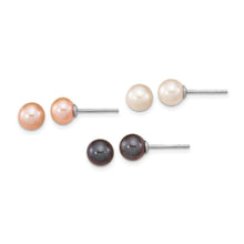 Load image into Gallery viewer, Sterling Silver Rh-pl 6-7mm Set of 3 Wt/BK/Pink Round FWC Pearl Earrings
