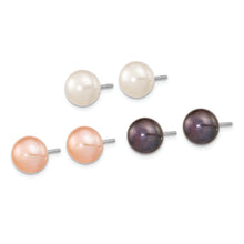 Load image into Gallery viewer, Sterling Silver Rh-pl 8-9mm Set of 3 Wt/BK/Pink Button FWC Pearl Earrings
