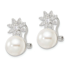 Load image into Gallery viewer, Sterling Silver Imitation Shell Pearl and CZ Floral Omega Back Earrings
