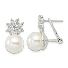 Load image into Gallery viewer, Sterling Silver Imitation Shell Pearl and CZ Floral Omega Back Earrings
