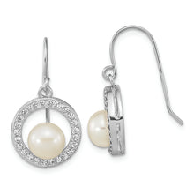 Load image into Gallery viewer, Sterling Silver Rhodium-plated 6-7mm Button FWC Pearl CZ Dangle Earrings
