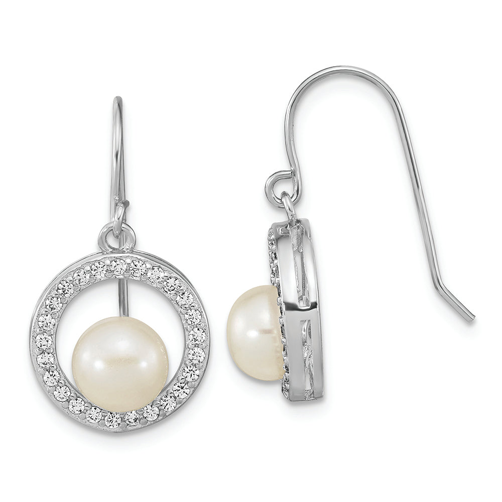 Sterling Silver Rhodium-plated 6-7mm Button FWC Pearl CZ Dangle Earrings