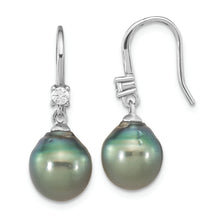 Load image into Gallery viewer, Sterling Silver Rhodium-plated 9-10mm Tahitian Saltwater Pearl CZ Earrings
