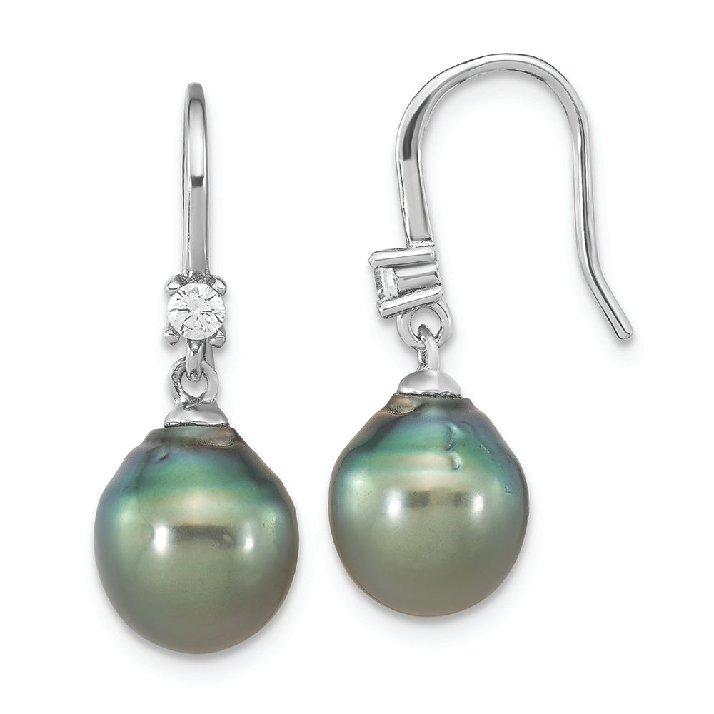 Sterling Silver Rhodium-plated 9-10mm Tahitian Saltwater Pearl CZ Earrings