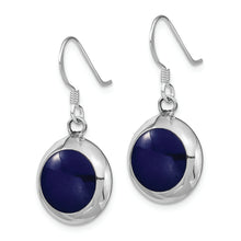 Load image into Gallery viewer, Sterling Silver Polished Round Synthetic Lapis &amp; MOP Dangle Earrings

