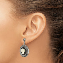 Load image into Gallery viewer, Sterling Silver Antiqued Black Agate Marcasite &amp; MOP Cameo Post Dangle Earr
