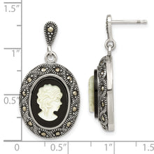 Load image into Gallery viewer, Sterling Silver Antiqued Black Agate Marcasite &amp; MOP Cameo Post Dangle Earr
