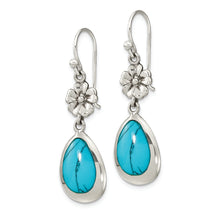 Load image into Gallery viewer, Sterling Silver Polish Floral Reconstituted Turquoise Teardrop Earrings
