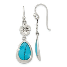 Load image into Gallery viewer, Sterling Silver Polish Floral Reconstituted Turquoise Teardrop Earrings
