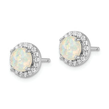 Load image into Gallery viewer, Sterling Silver Rhodium-plated White Created Opal &amp; CZ Halo Post Earrings

