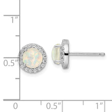 Load image into Gallery viewer, Sterling Silver Rhodium-plated White Created Opal &amp; CZ Halo Post Earrings
