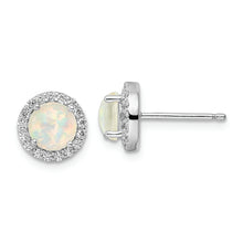 Load image into Gallery viewer, Sterling Silver Rhodium-plated White Created Opal &amp; CZ Halo Post Earrings
