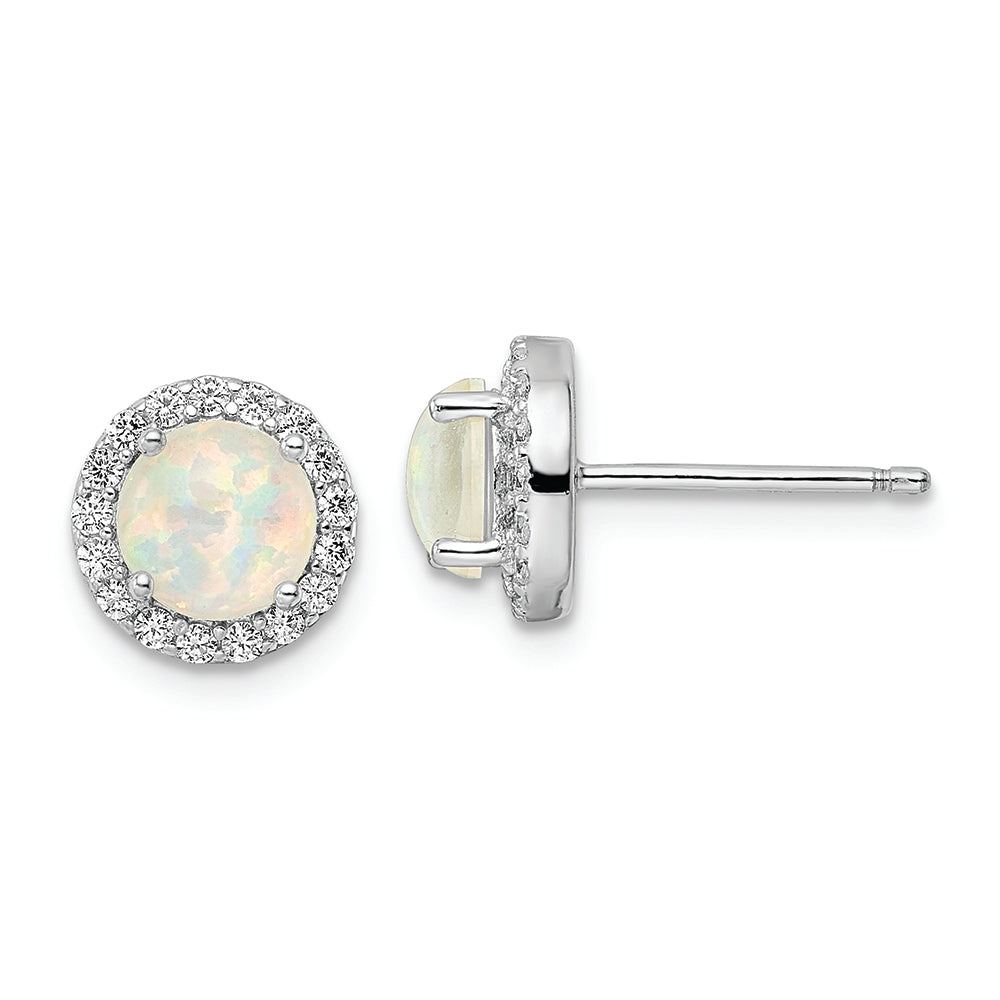 Sterling Silver Rhodium-plated White Created Opal & CZ Halo Post Earrings