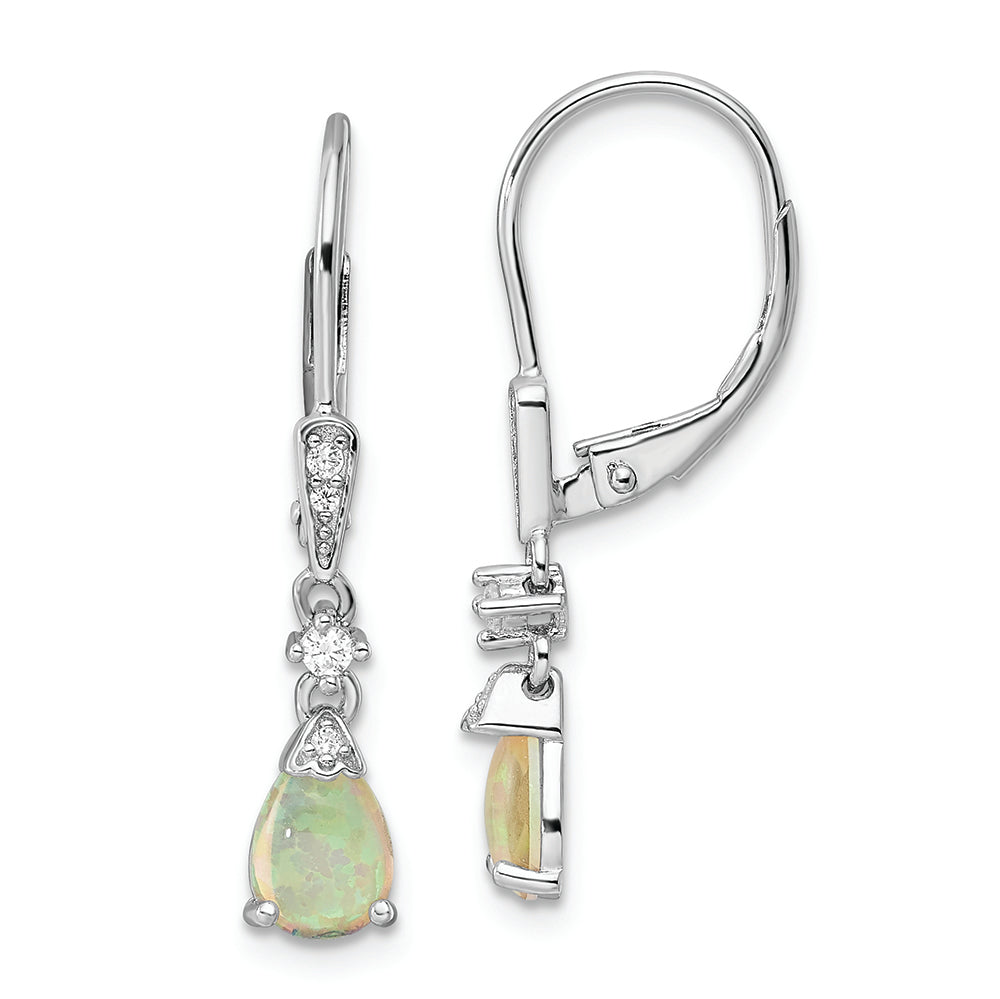 Sterling Silver Rhodium-plated CZ Created Opal Teardrop Leverback Earrings