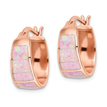 Load image into Gallery viewer, Sterling Silver Rose-tone Polished Pink Created Opal Inlay Hoop Earrings
