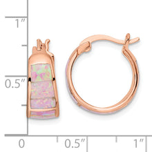 Load image into Gallery viewer, Sterling Silver Rose-tone Polished Pink Created Opal Inlay Hoop Earrings
