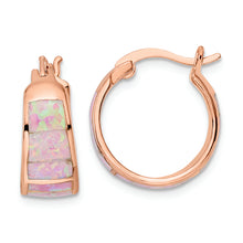 Load image into Gallery viewer, Sterling Silver Rose-tone Polished Pink Created Opal Inlay Hoop Earrings
