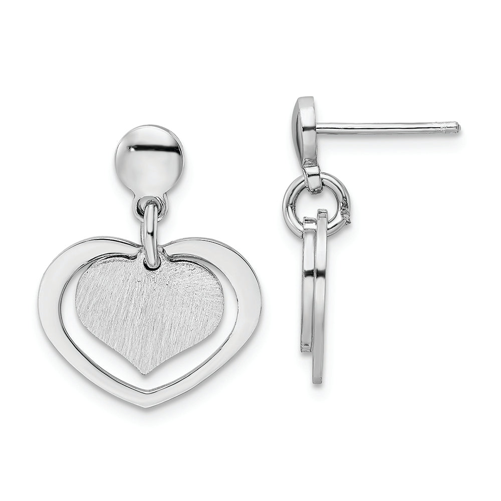 Sterling Silver Rhodium-plated Satin Heart in Heart Dangle Post Earrings