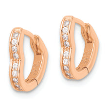 Load image into Gallery viewer, Sterling Silver Polished Rose-tone CZ Hinged Heart Shaped Hoop Earrings
