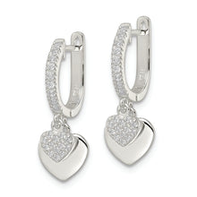 Load image into Gallery viewer, Sterling Silver Polished CZ Dangle Hearts Hinged Hoop Earrings
