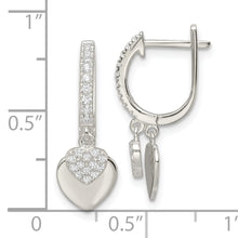 Load image into Gallery viewer, Sterling Silver Polished CZ Dangle Hearts Hinged Hoop Earrings
