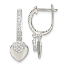 Load image into Gallery viewer, Sterling Silver Polished CZ Dangle Hearts Hinged Hoop Earrings

