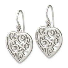 Load image into Gallery viewer, Sterling Silver Polished Filigree Heart Dangle Earrings

