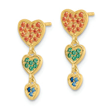 Load image into Gallery viewer, Sterling Silver Gold Tone Multicolor CZ Hearts Post Dangle Earrings
