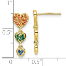 Load image into Gallery viewer, Sterling Silver Gold Tone Multicolor CZ Hearts Post Dangle Earrings
