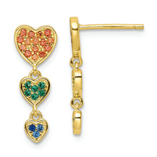 Load image into Gallery viewer, Sterling Silver Gold Tone Multicolor CZ Hearts Post Dangle Earrings
