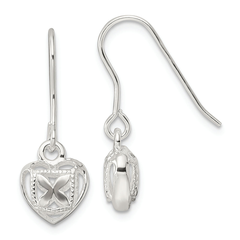 Sterling Silver Polished Hollow Heart Dangle Earrings